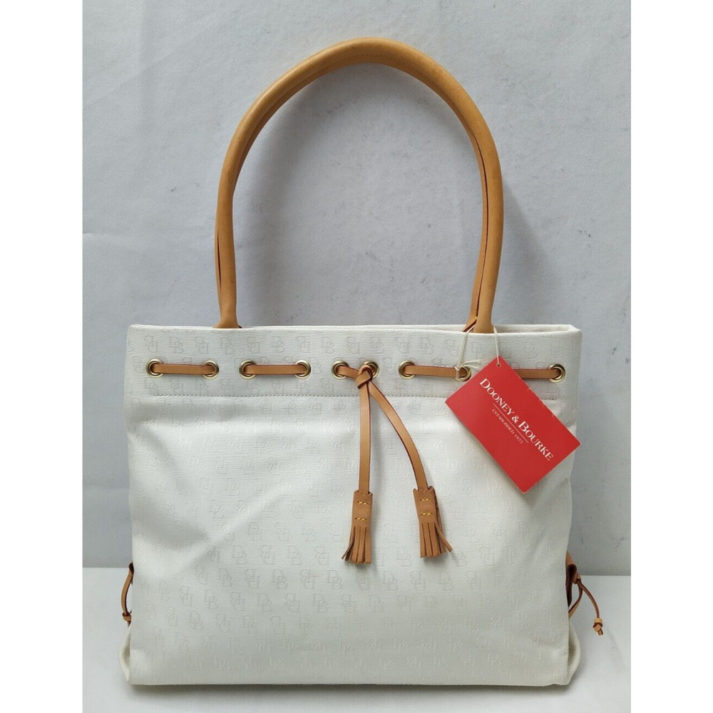 Dooney & Bourke White Canvas Leather Trim Double Handle Tassel Tote Bag